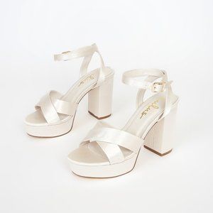 Selah Ivory Satin Ankle Strap Heels Size 6